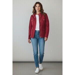 Kensie Jeans Red Utility Military Jacket Women’s M Cotton Snap Zip Cargo Pockets